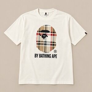 A Bathing Ape Mens T-Shirt Size M Cream Plaid Ape Head Logo Streetwear Tee
